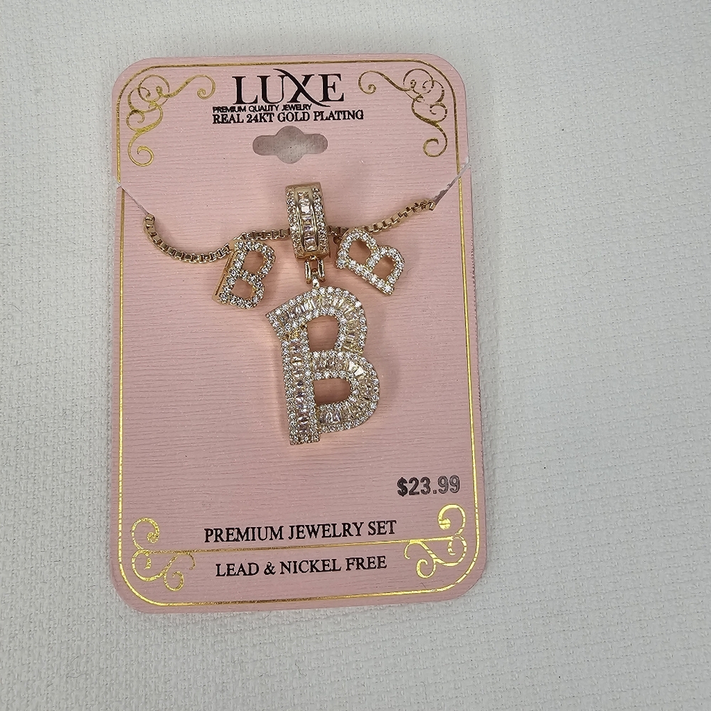 Luxe Initial B 24 KT Gold Plating Necklace & Earrings Set - Picture 3 of 4